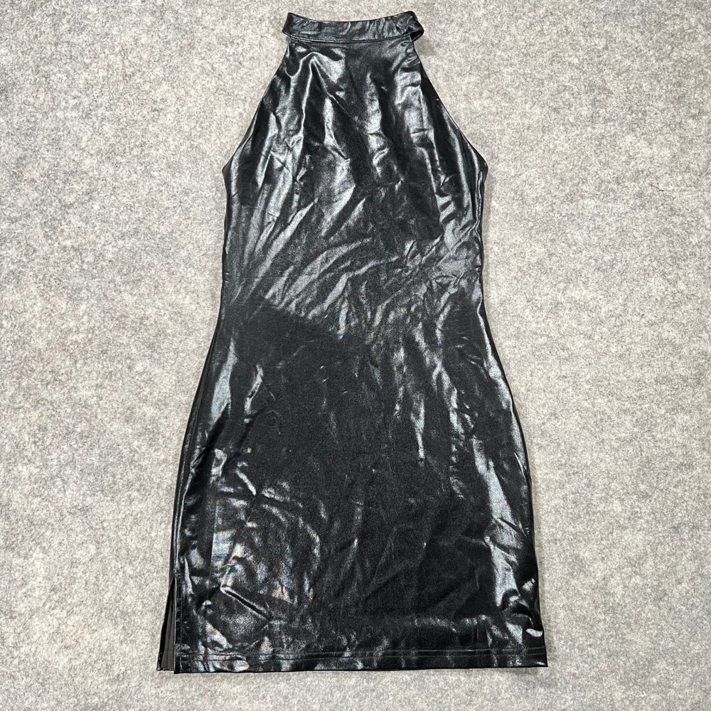 superdown Mini Dress Womens S Black Faux Leather Halter Open Back Bodycon New